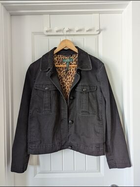 Ralph Lauren Black Jean Jacket Barn Coat with Leopard Print Lining XL